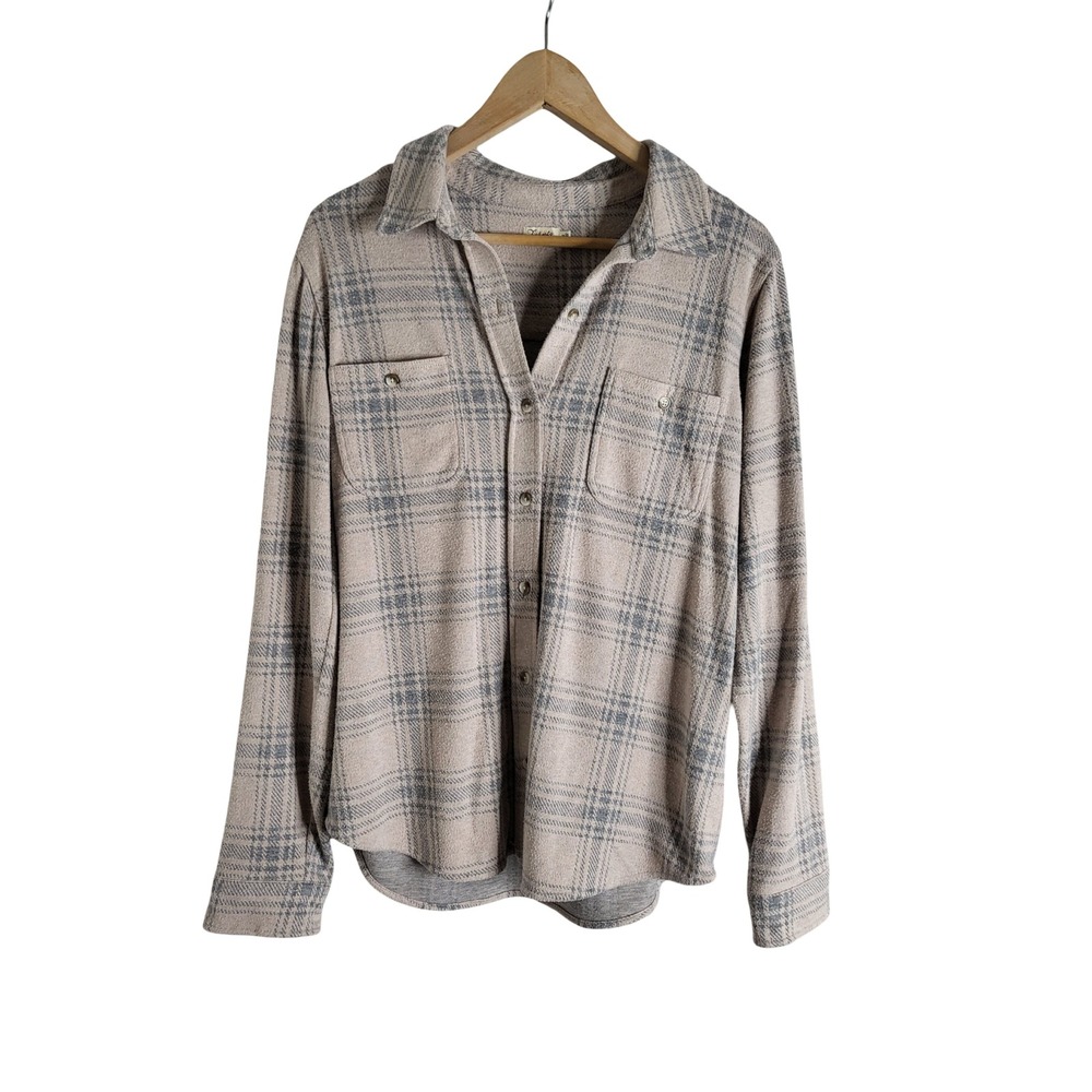 Faherty Women Tan Blue Plaid Knit Button Down Flannel Shirt Size M Cabincore